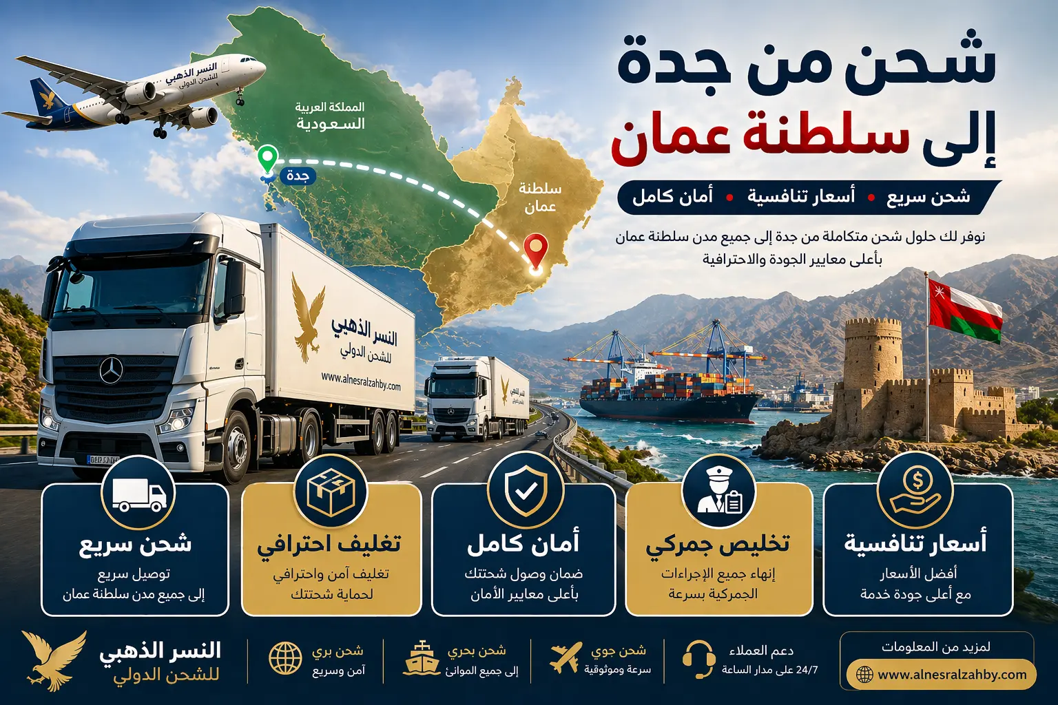 شاحنات نقل مع خريطة توضح مسار الشحن من جدة إلى سلطنة عمان