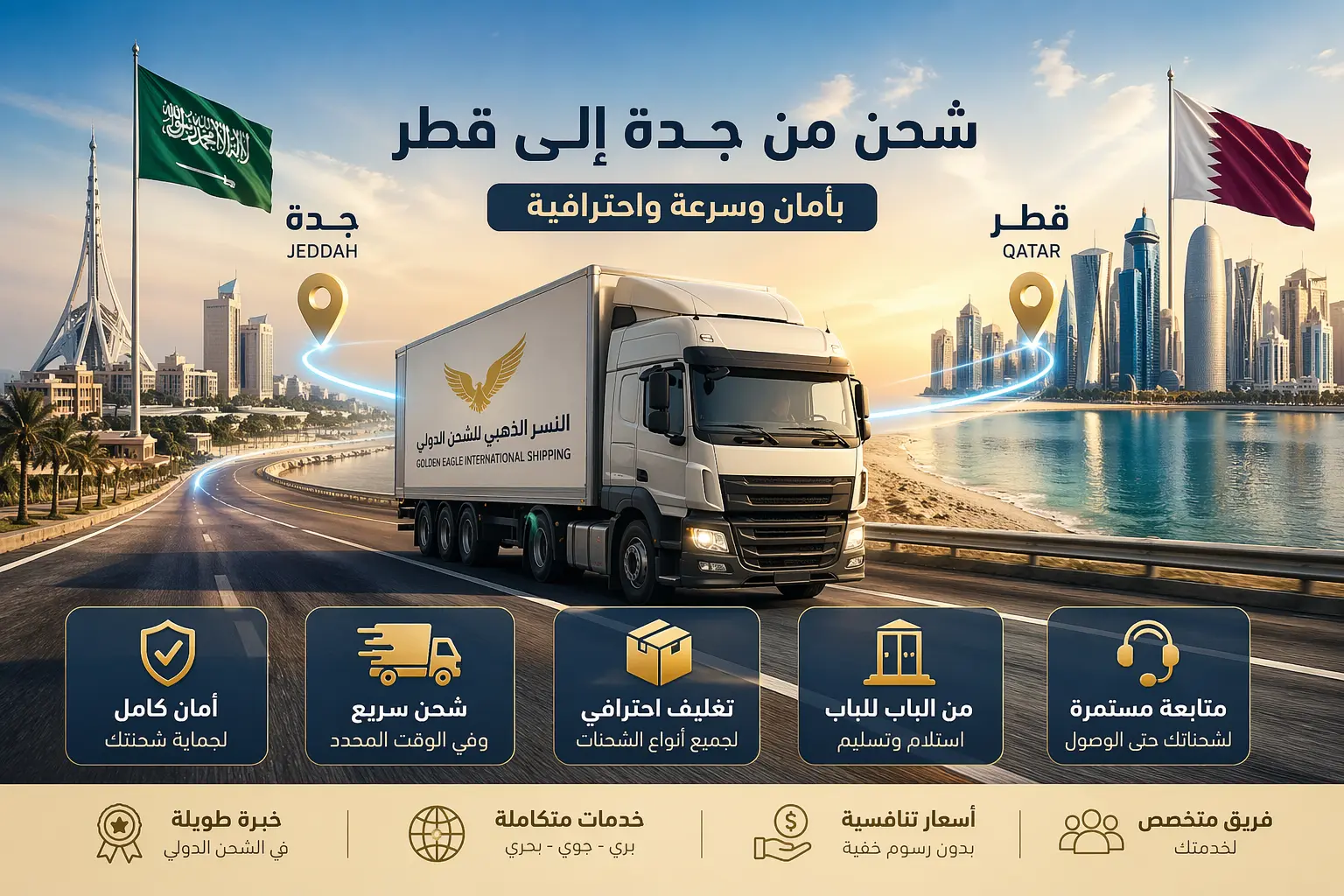 شاحنة نقل تقوم بشحن من جدة إلى قطر مع مسار بين المدينتين وخدمة شحن دولي آمنة وسريعة