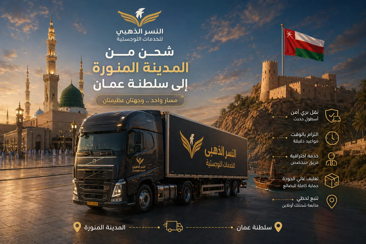 شاحنة النسر الذهبي للشحن الدولي تنقل البضائع من المدينة المنورة إلى سلطنة عمان