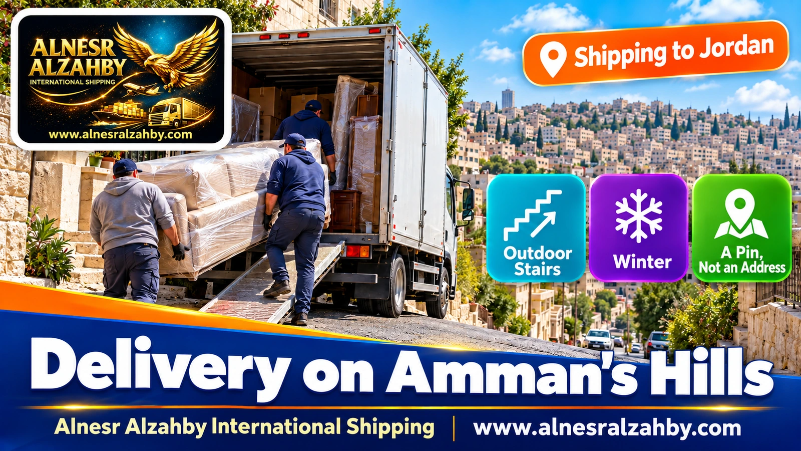 A small truck unloading furniture on a narrow steep street in Jabal Amman