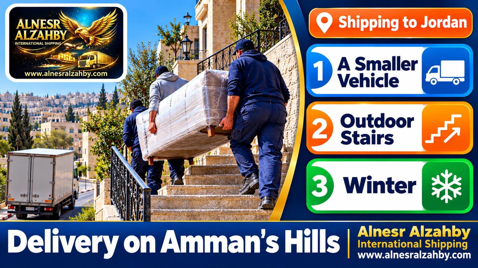 Carrying furniture by hand up an outdoor staircase of a hillside house in Amman