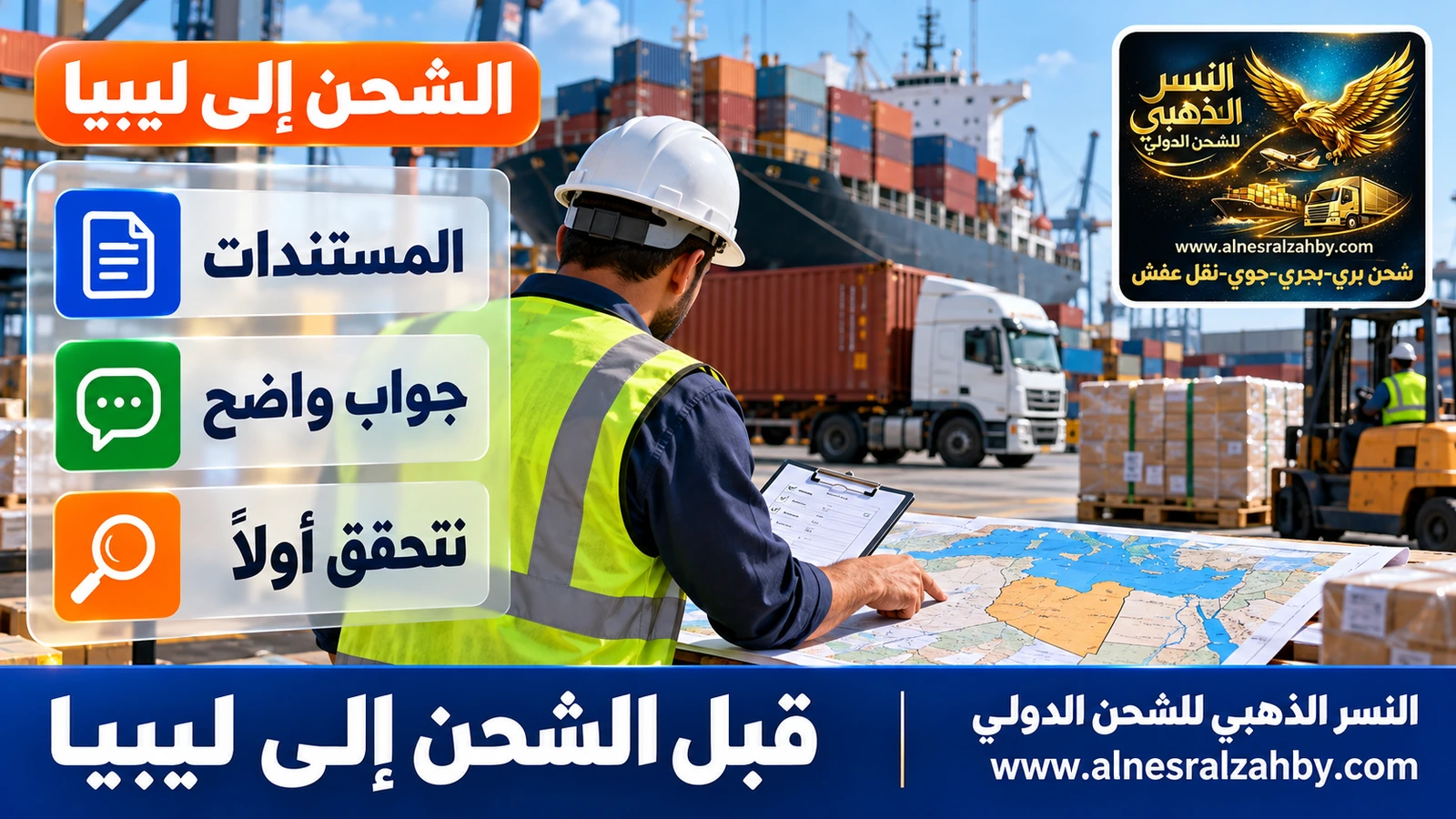 موظف شحن يراجع المسارات والمتطلبات لشحنة متجهة إلى ليبيا