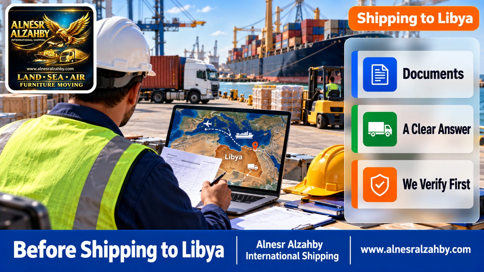 A shipping employee reviewing routes and requirements for a Libya-bound shipment