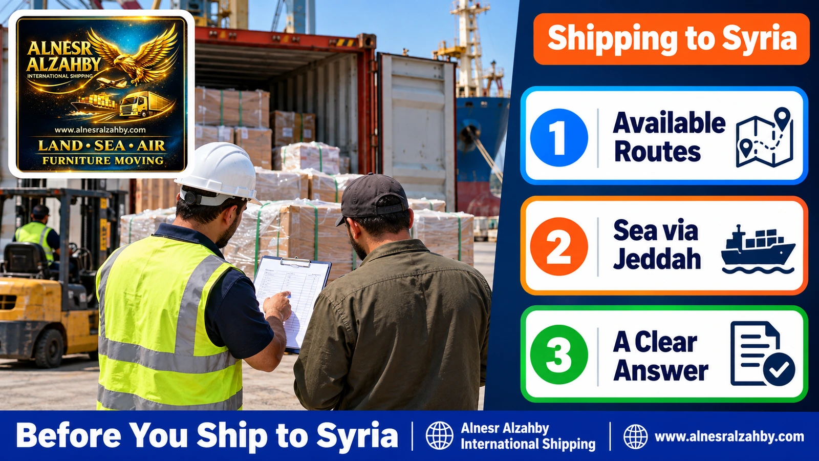 Reviewing a Syria-bound shipment's packing list with a shipping employee before loading