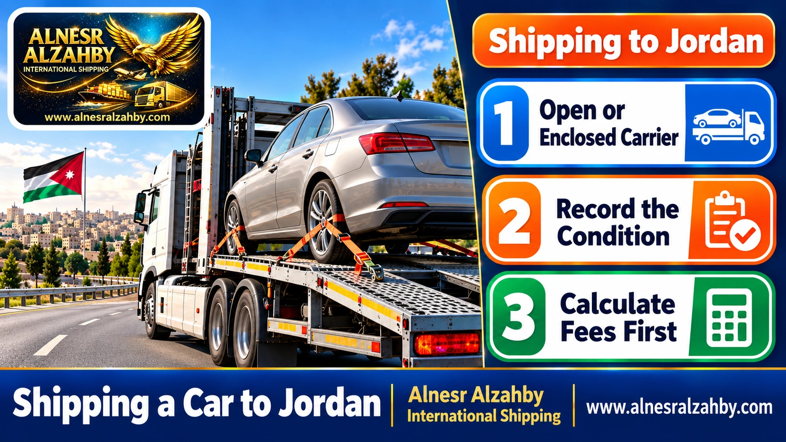 A sedan secured on a car carrier before its trip to Jordan