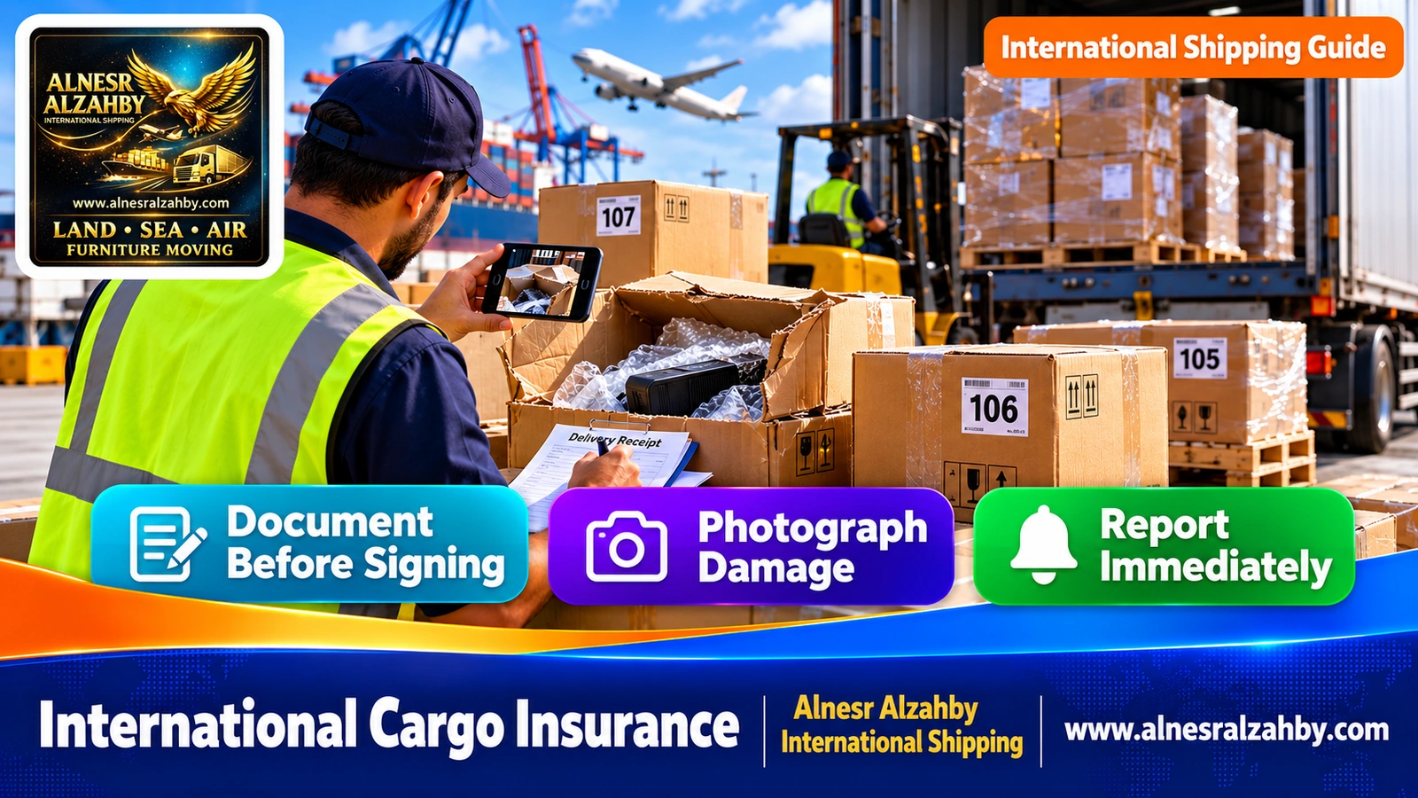 Inspecting a shipment on delivery and photographing its condition before signing