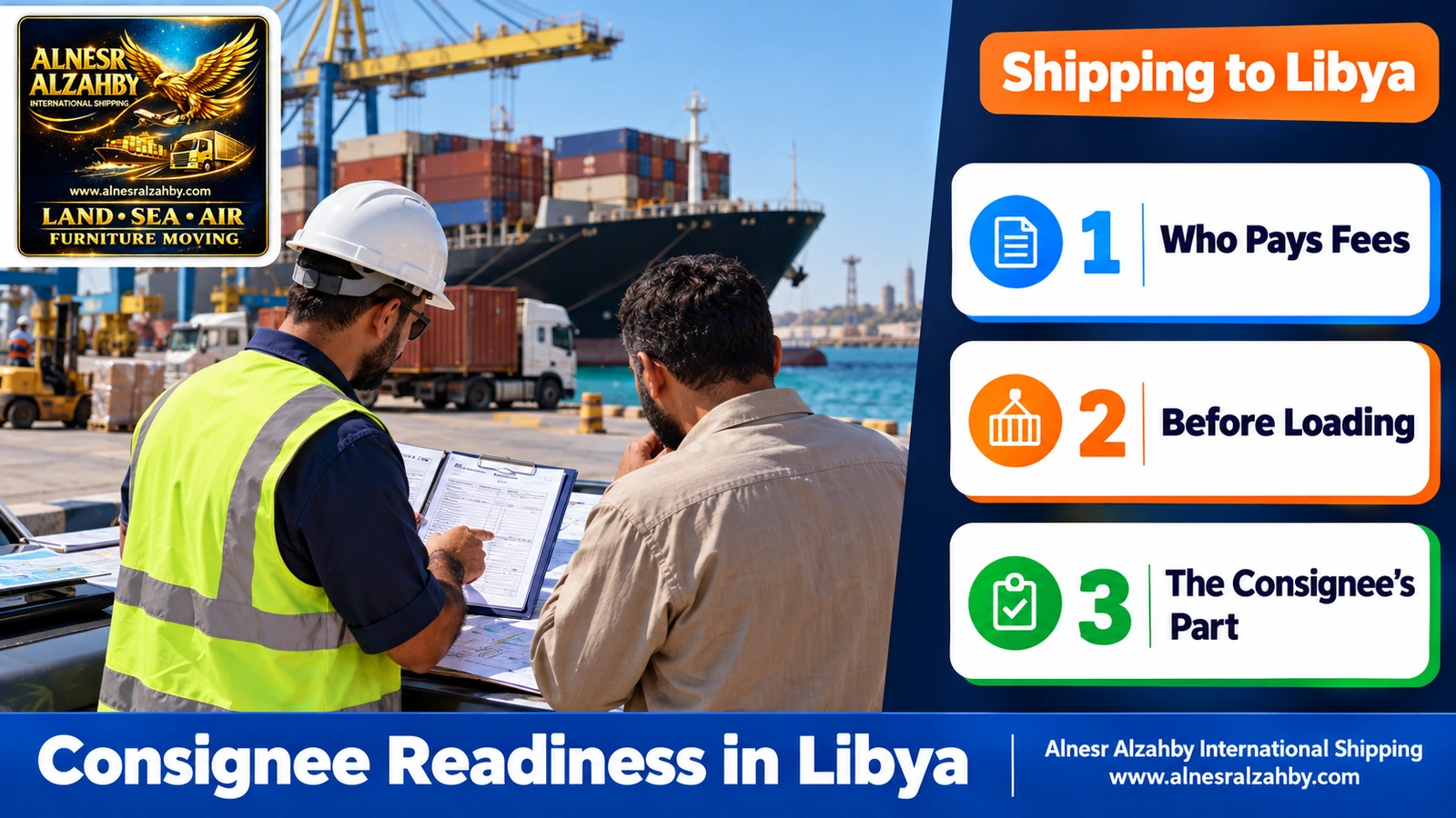 A consignee in Libya reviewing shipment documents with a customs broker before the ship arrives