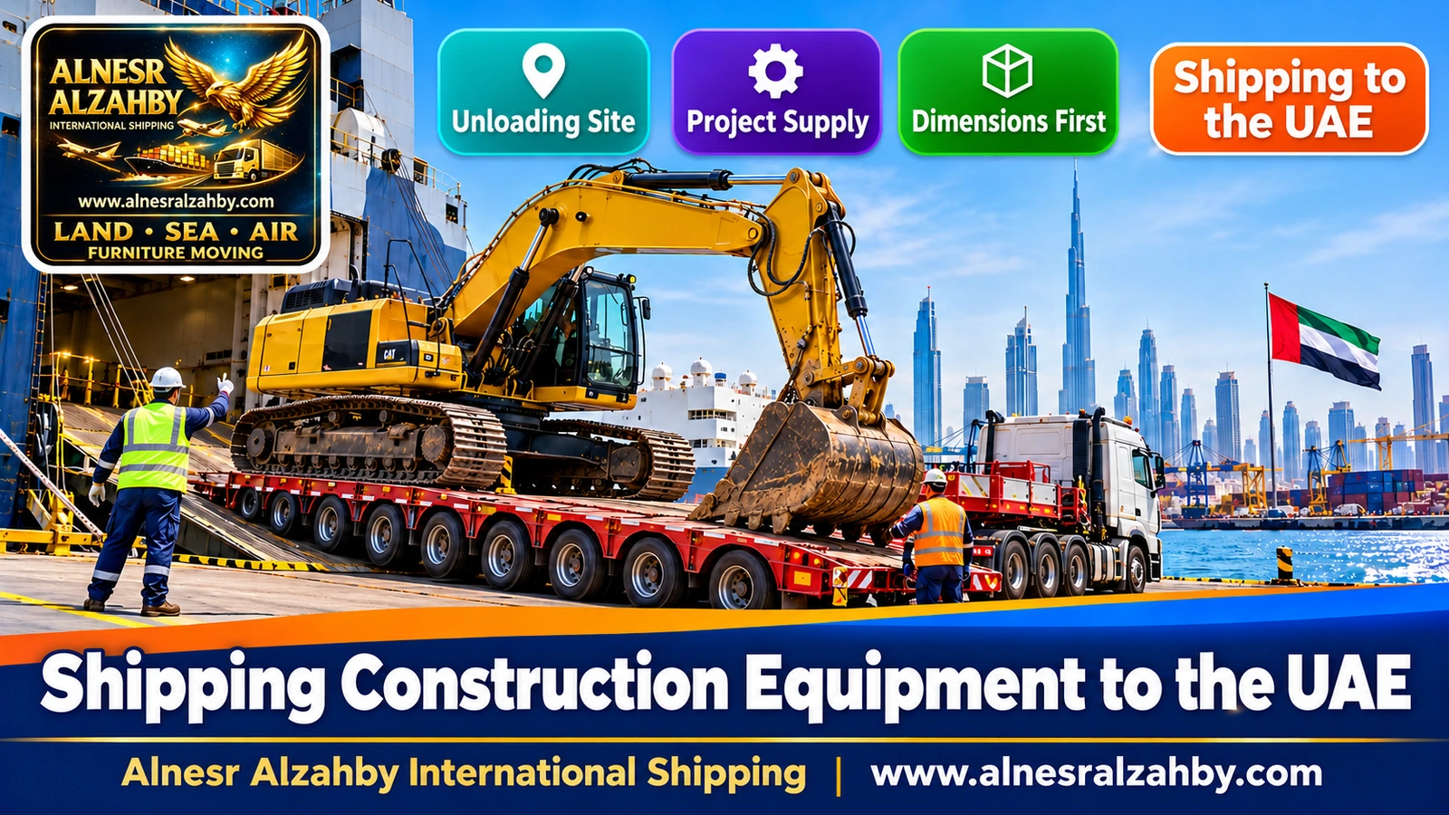 An excavator being loaded onto a multi-axle lowbed truck bound for the UAE