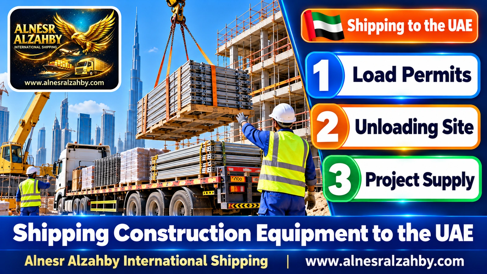 Construction equipment unloaded by crane at a project site in the UAE