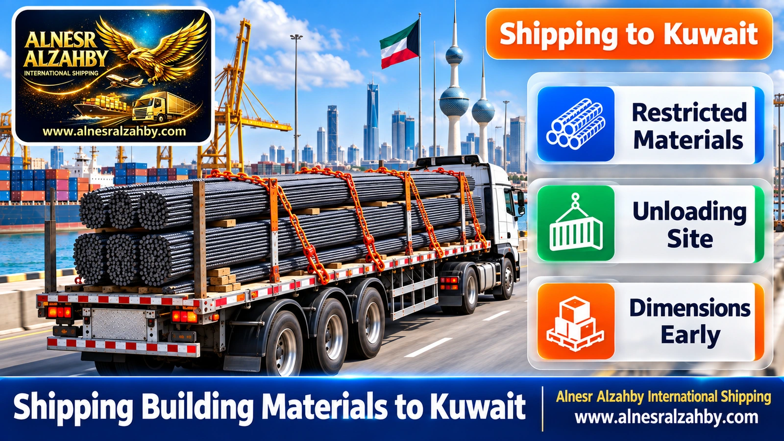 A flatbed truck carrying chained rebar toward Kuwait