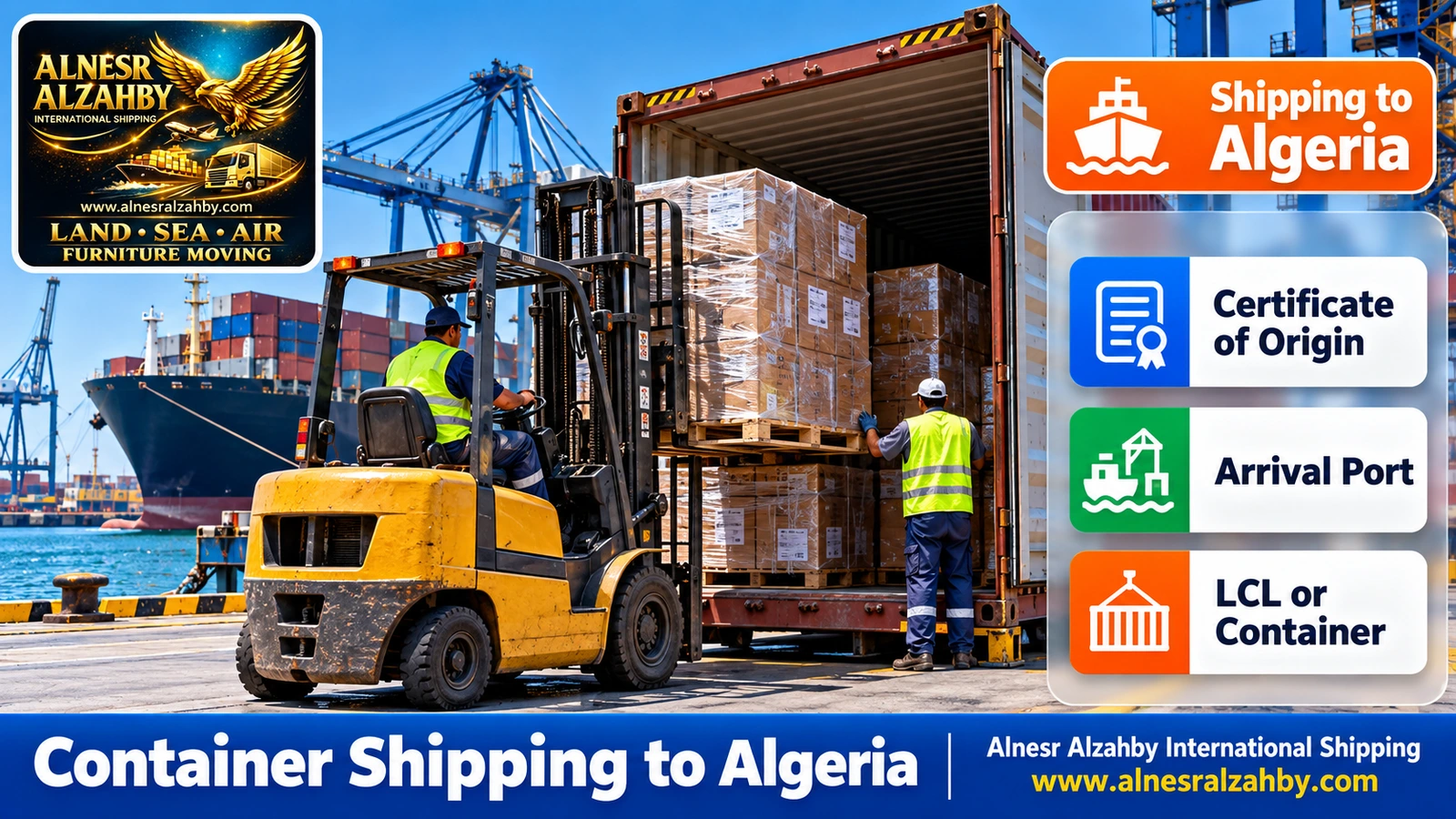 Loading pallets of goods into a 40ft container at Jeddah port bound for Algeria