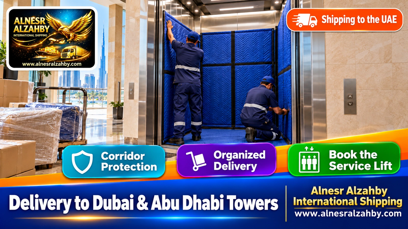 A moving team padding the service lift of a Dubai residential tower before unloading furniture