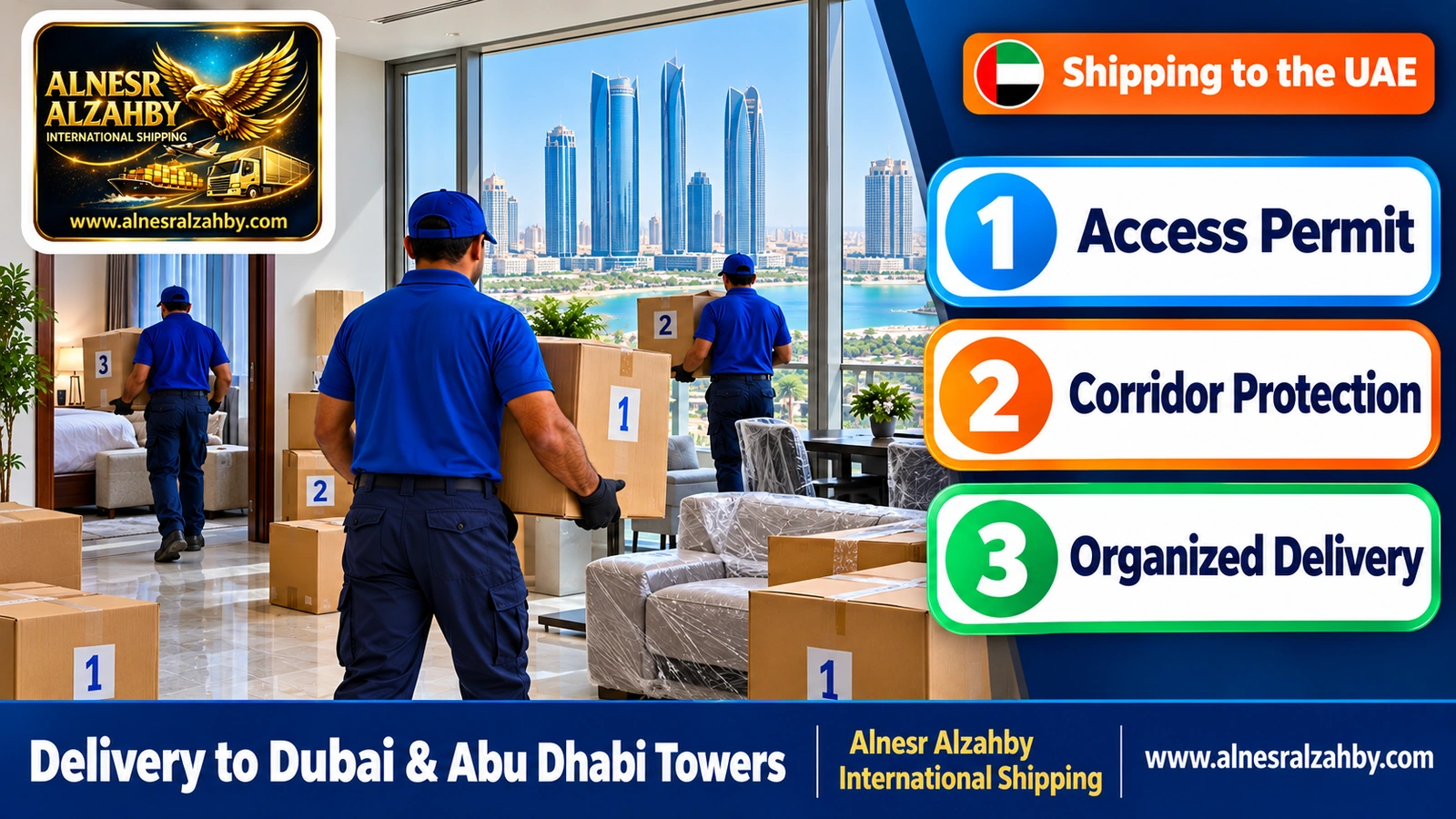 Numbered boxes unloaded inside a tower apartment in Abu Dhabi and placed in their rooms