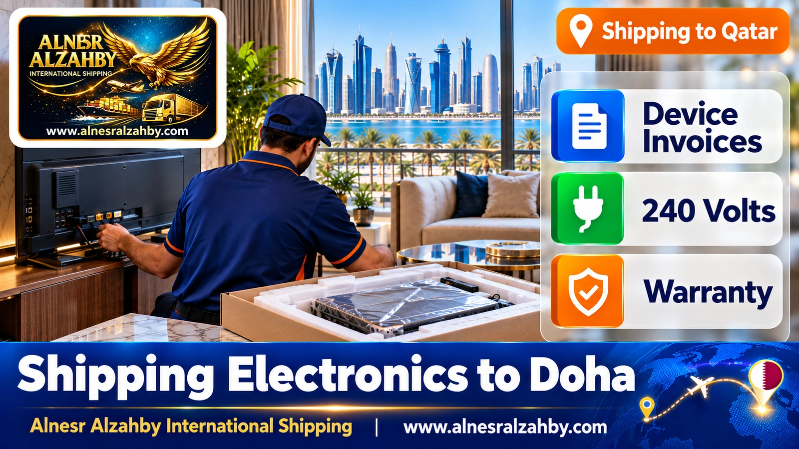 Checking and switching on an electronic device after it arrives at a home in Doha