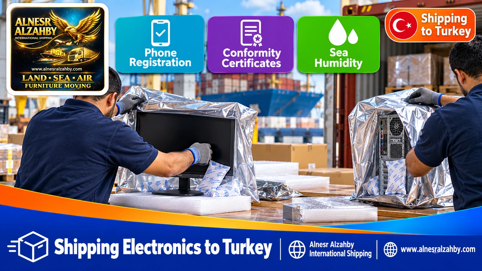 Wrapping a monitor and a computer in moisture-proof covers with absorbers before sea shipping