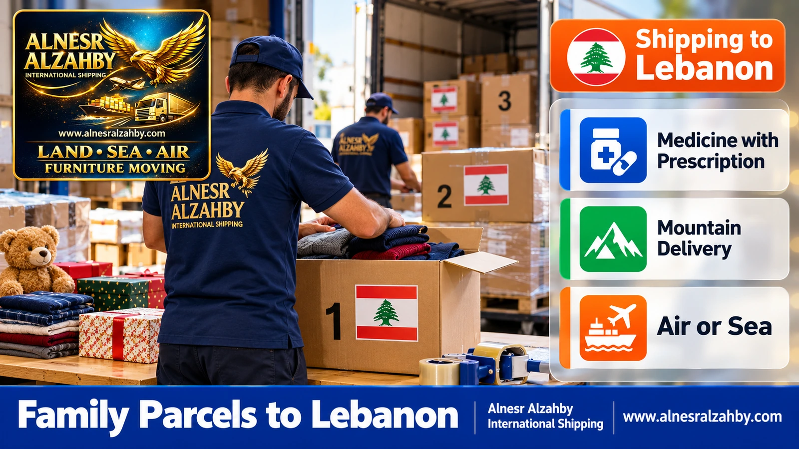 Packing a family parcel of clothes and gifts into numbered cartons for Lebanon
