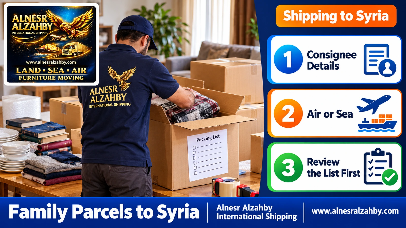 Packing a family parcel into new corrugated cartons with an attached packing list