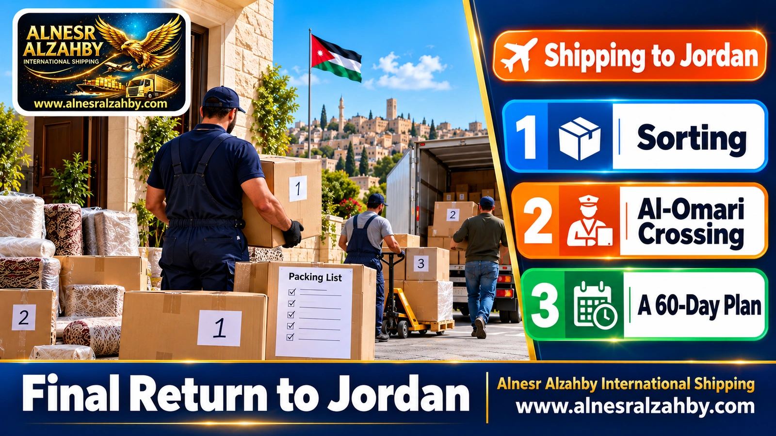 A Jordanian family's men preparing numbered boxes for the final return with a packing list