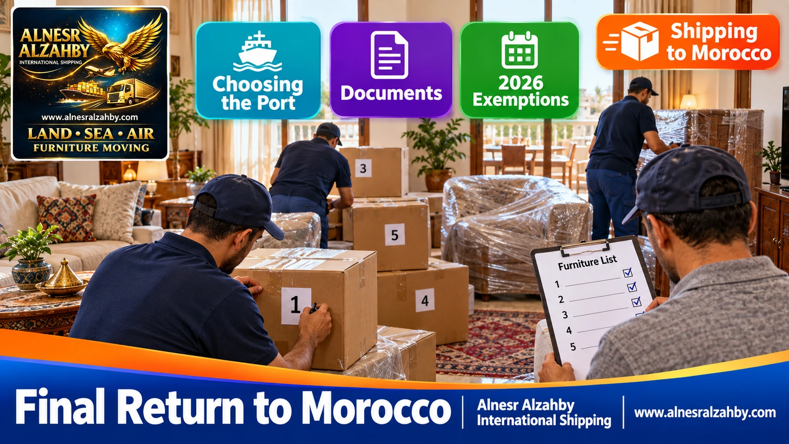 A Moroccan family's men preparing numbered boxes and a furniture list for the final return