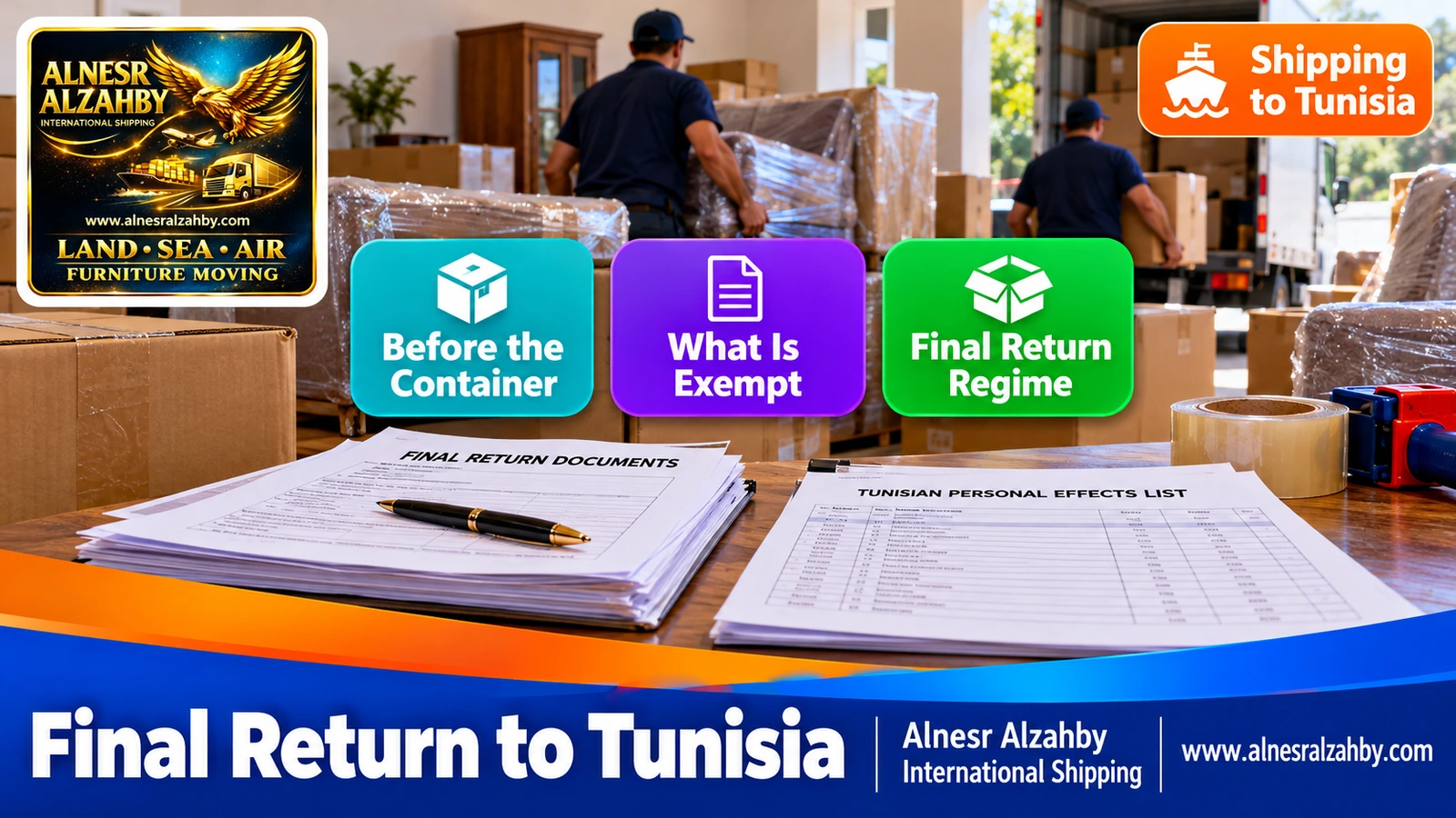 Final-return documents and the Tunisian personal effects list ready beside furniture boxes