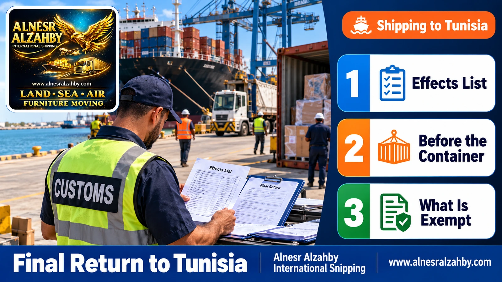 A customs broker at Radès port reviewing final-return documents and an effects list