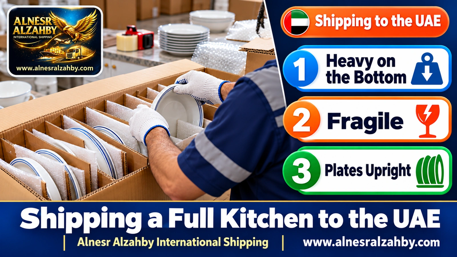 Kitchen plates wrapped and packed upright inside a box with dividers
