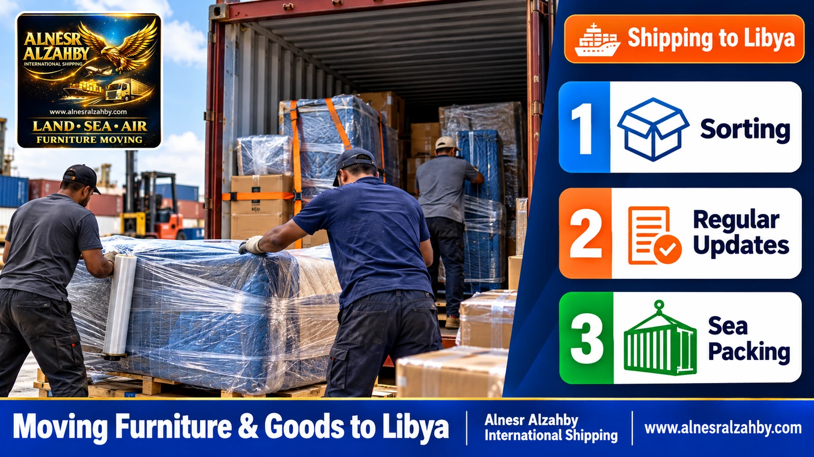 Wrapping furniture in moisture-resistant layers and securing it in a Libya-bound container