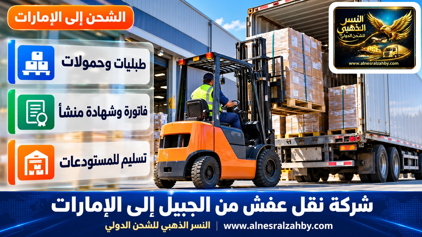 رافعة شوكية تحمّل طبليات في شاحنة عند رصيف مستودع حديث
