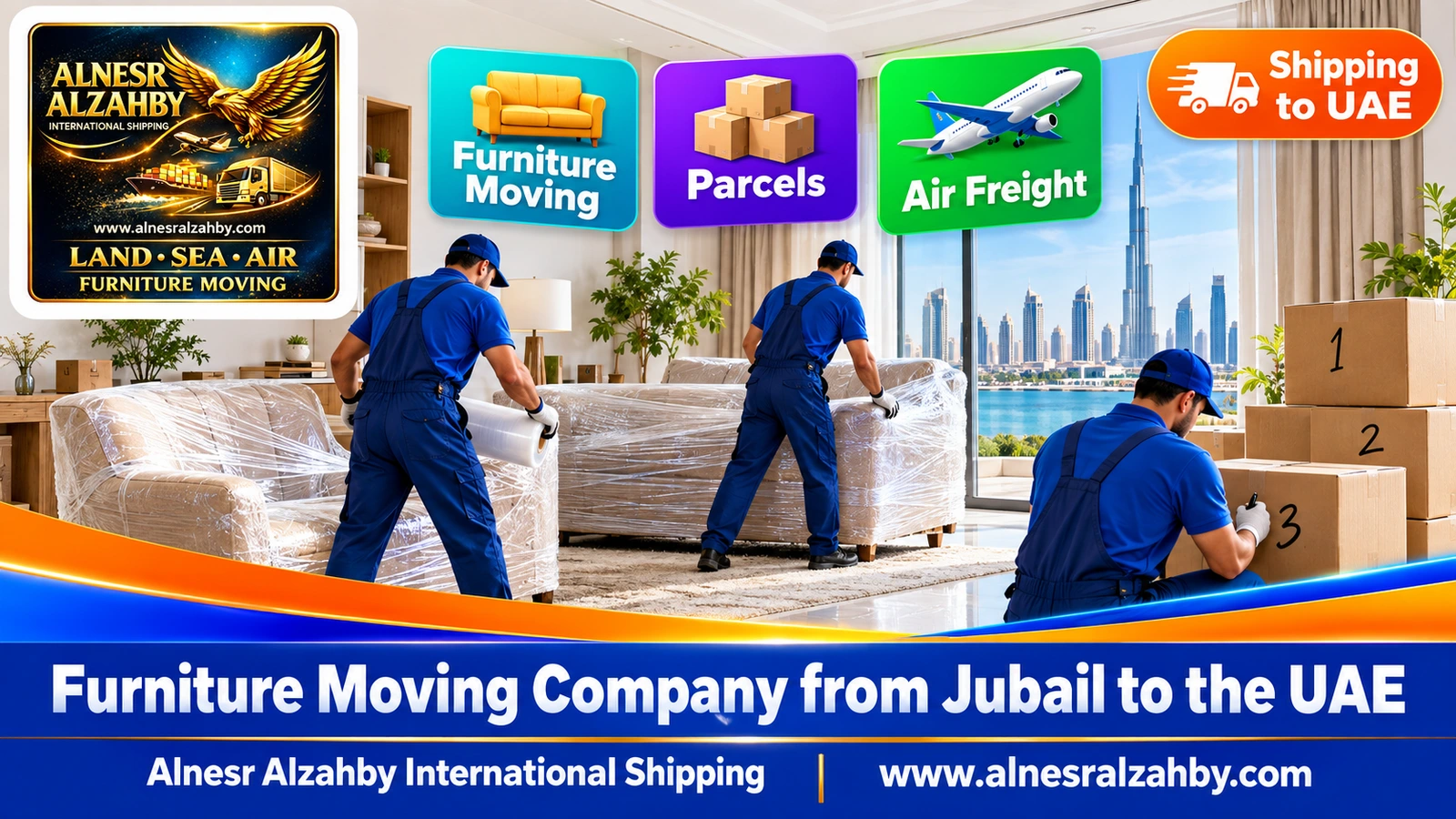 A team in blue uniforms wrapping furniture in a bright living room and numbering boxes