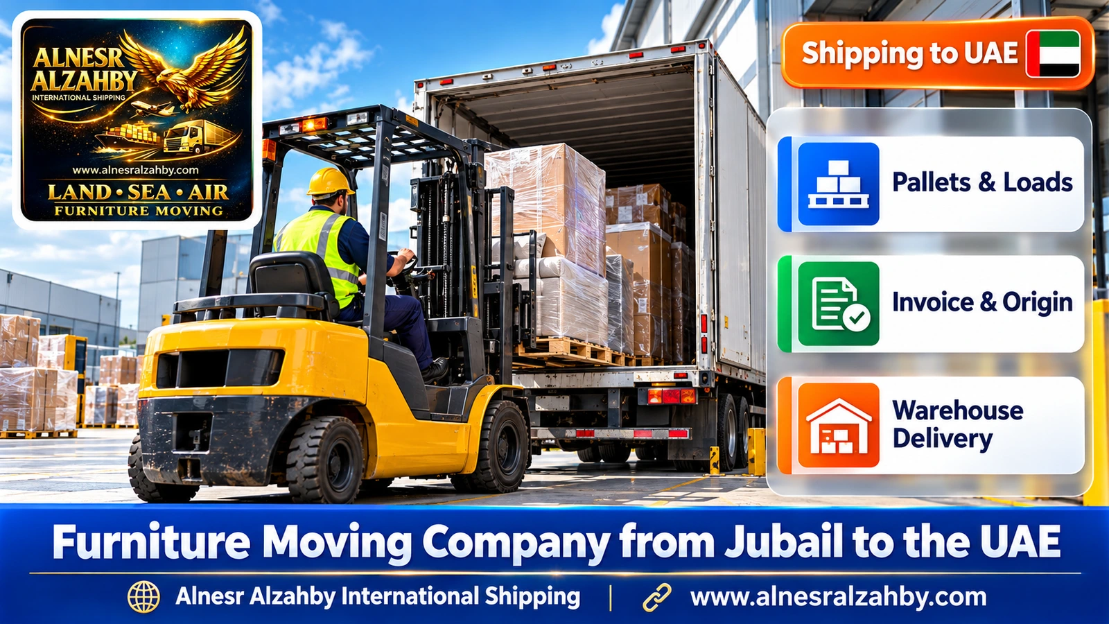A forklift loading pallets into a truck at a modern warehouse dock