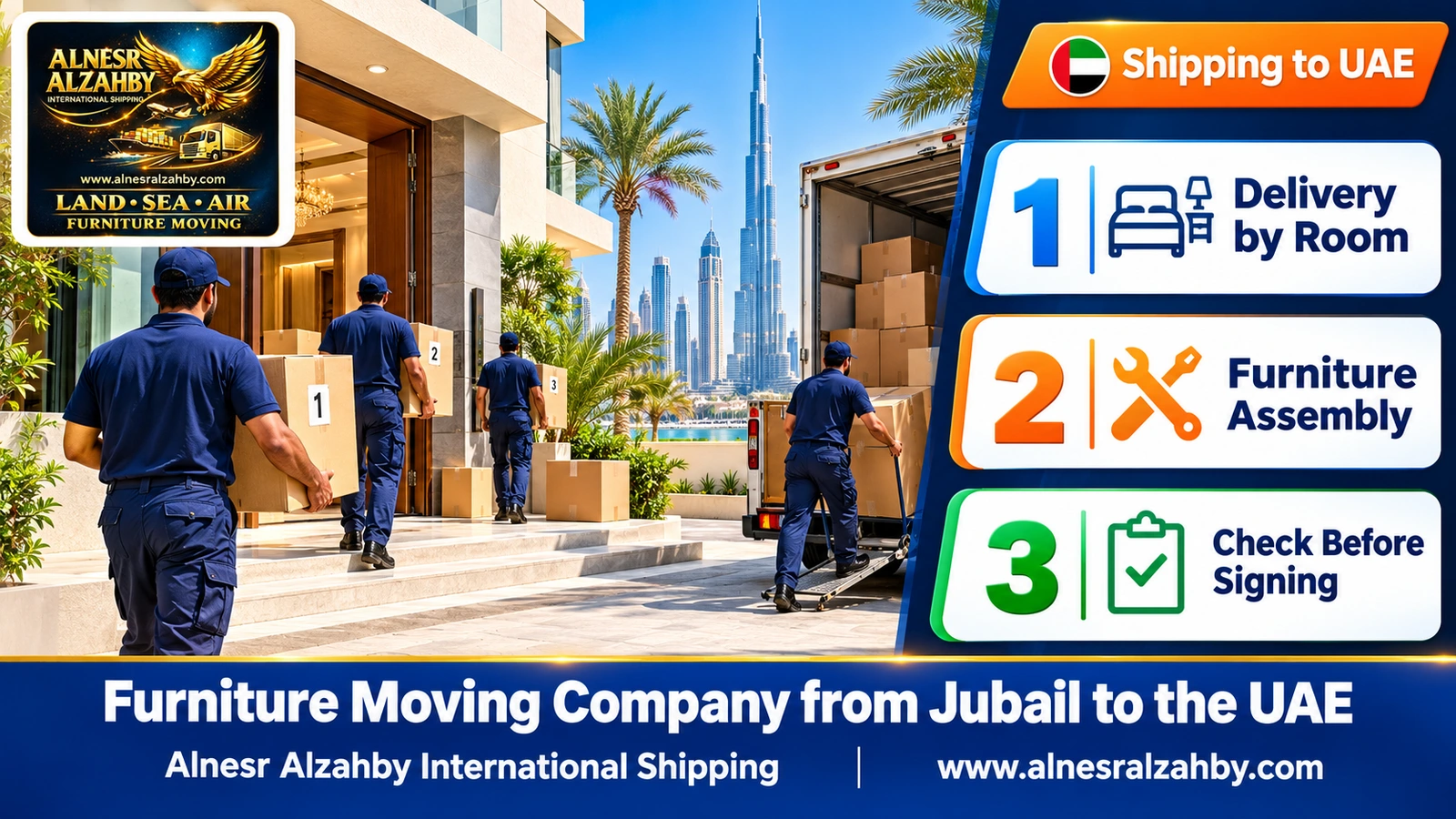 A team bringing numbered boxes into a modern villa in Dubai
