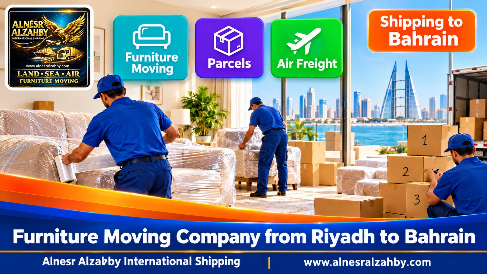 A team in blue uniforms wrapping furniture in a bright living room and numbering boxes