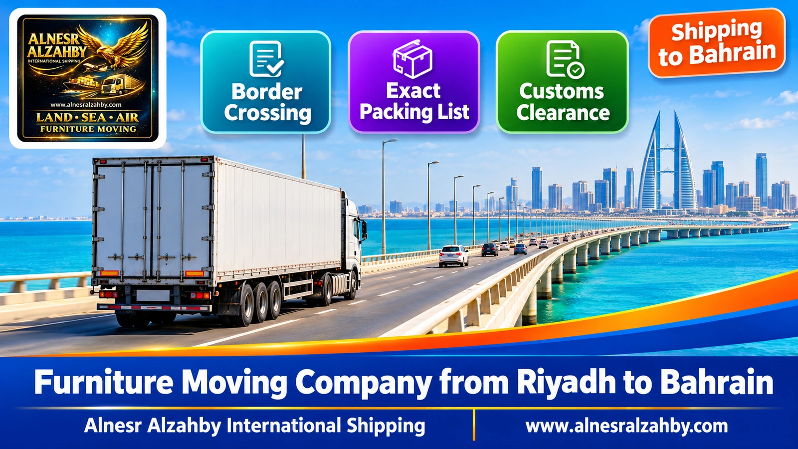 A truck crossing the King Fahd Causeway over turquoise Gulf waters