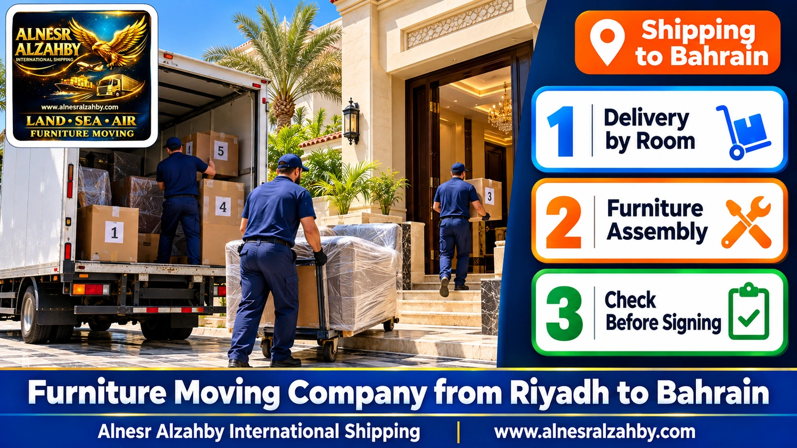 A team delivering numbered boxes to a villa in Riffa
