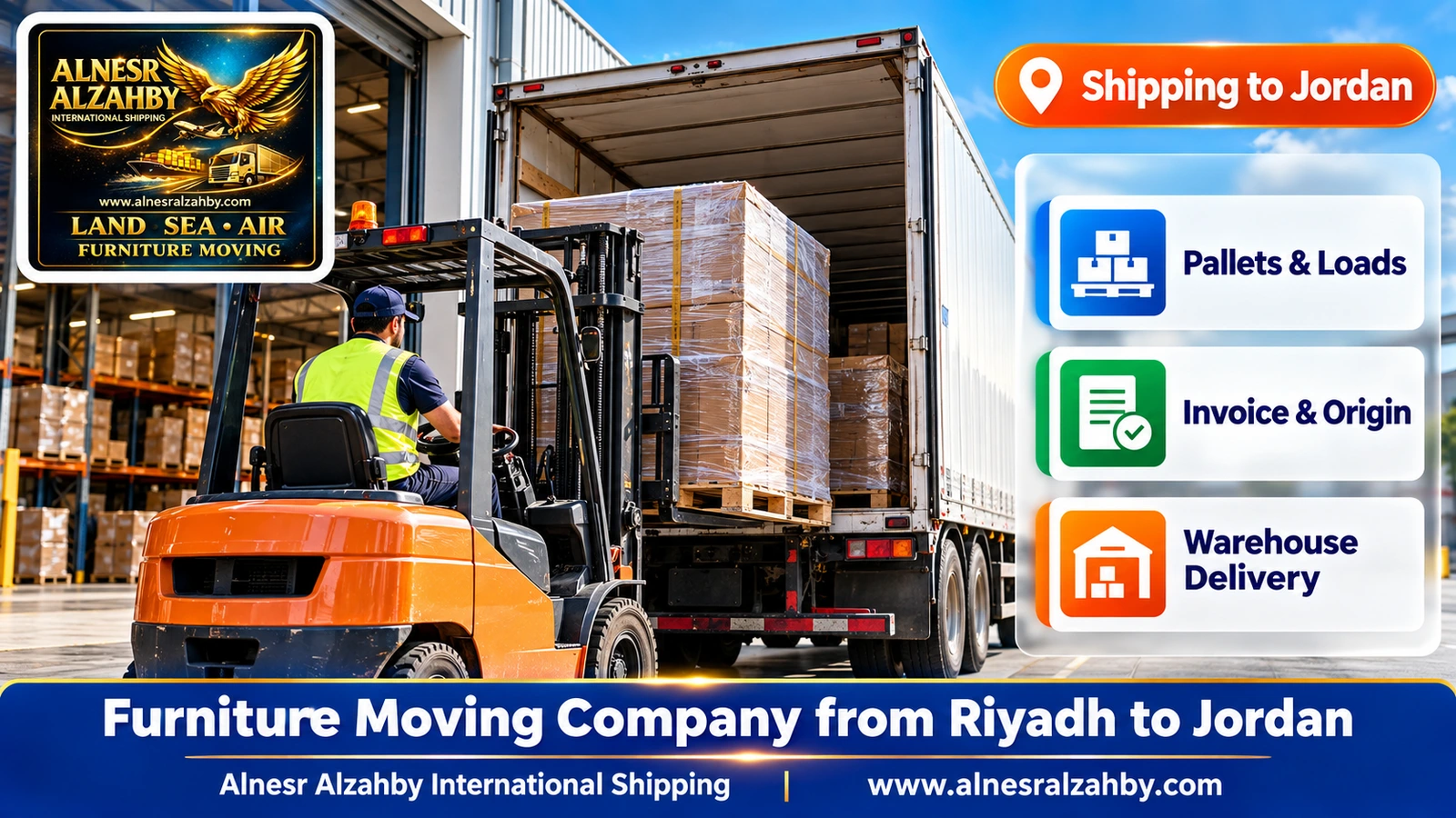 A forklift loading pallets into a truck at a modern warehouse dock