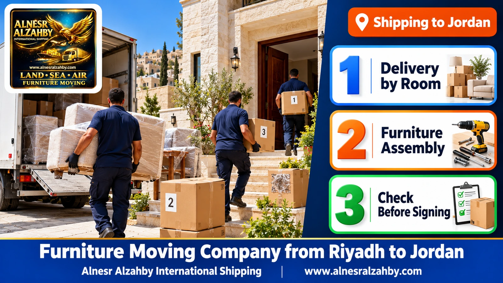 A team delivering numbered boxes to a white stone house in Amman