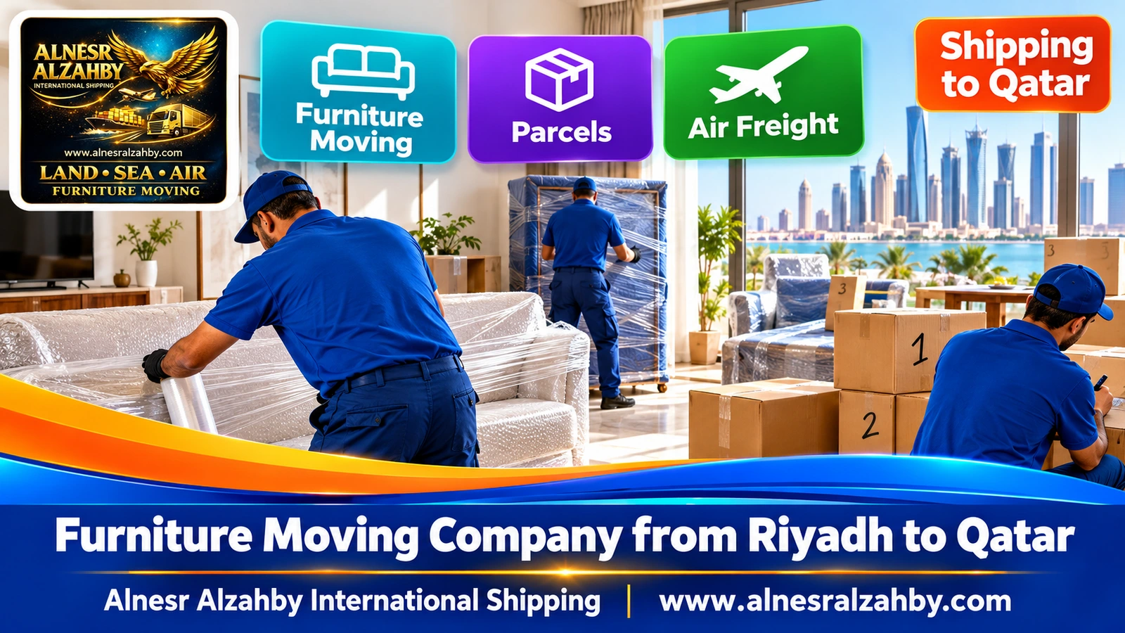 A team in blue uniforms wrapping furniture in a bright living room and numbering boxes