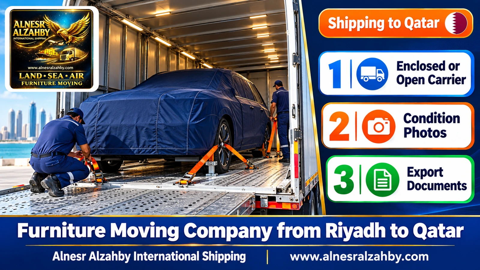 A family car under a navy protective cover strapped inside an enclosed carrier