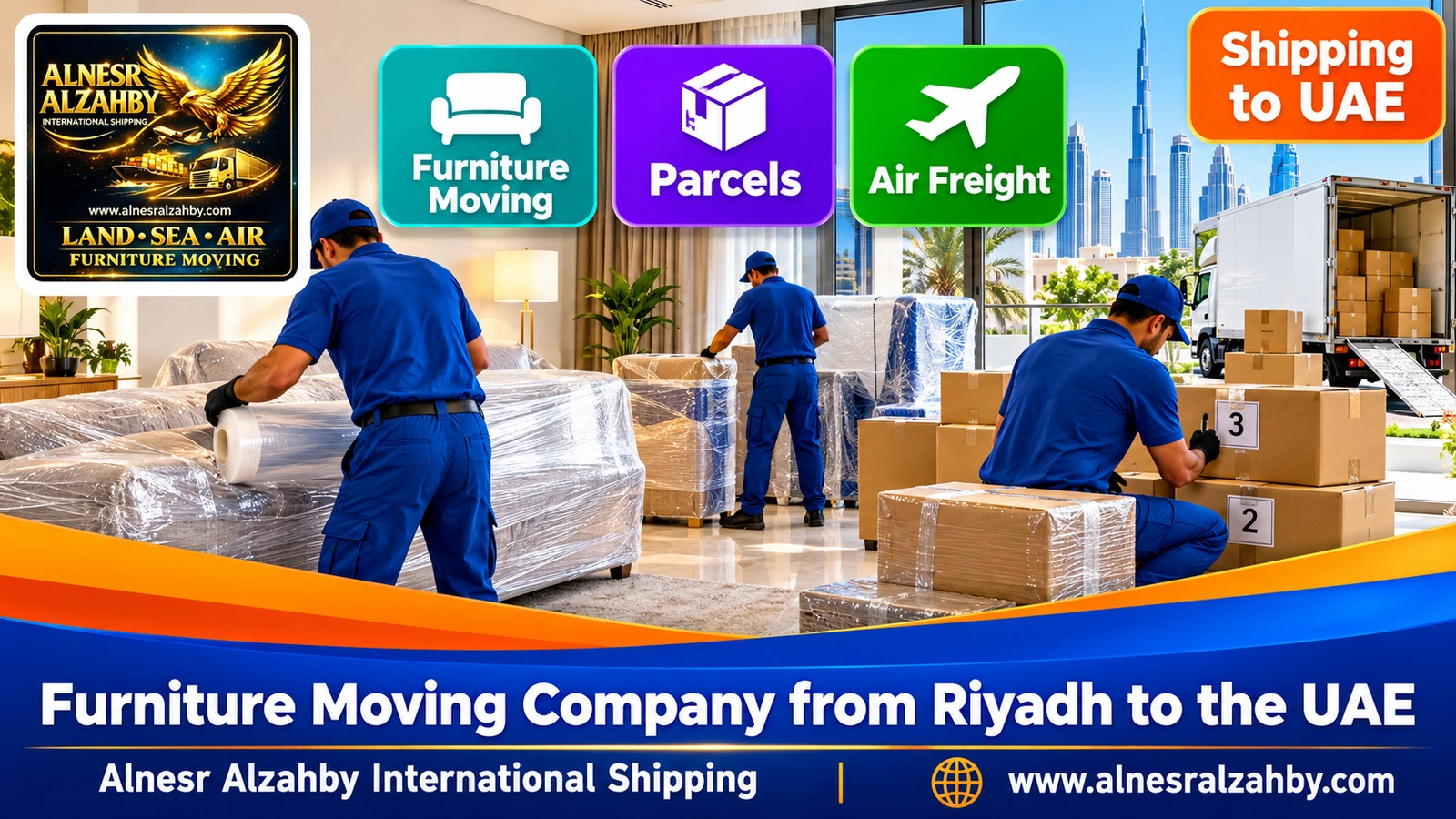 A team in blue uniforms wrapping furniture in a bright living room and numbering boxes