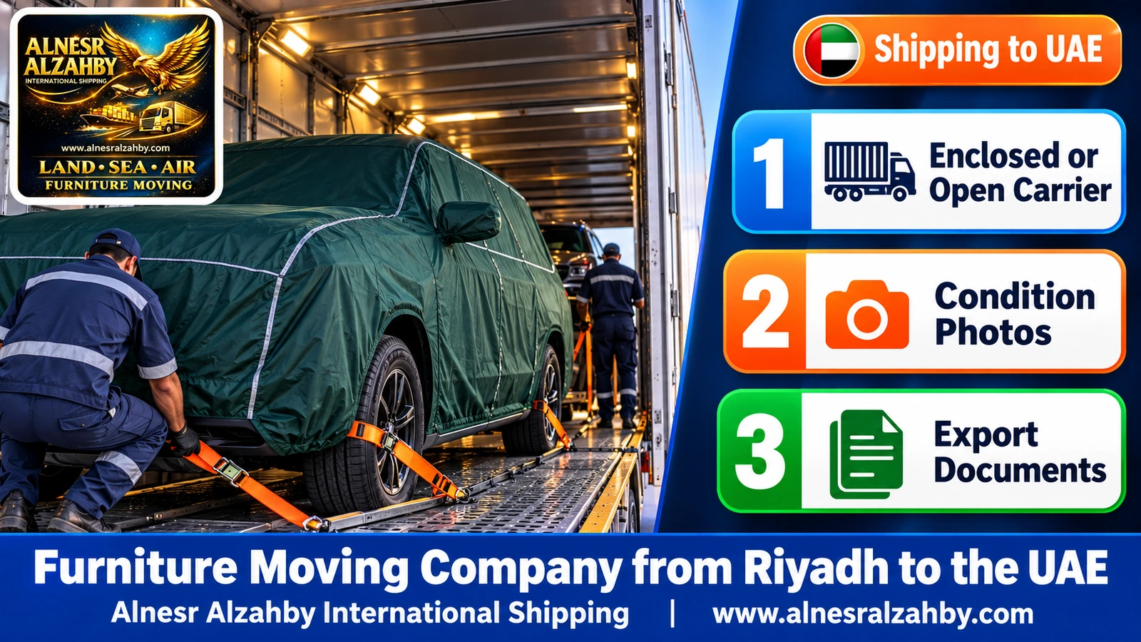 An SUV under a dark green protective cover inside an enclosed car carrier