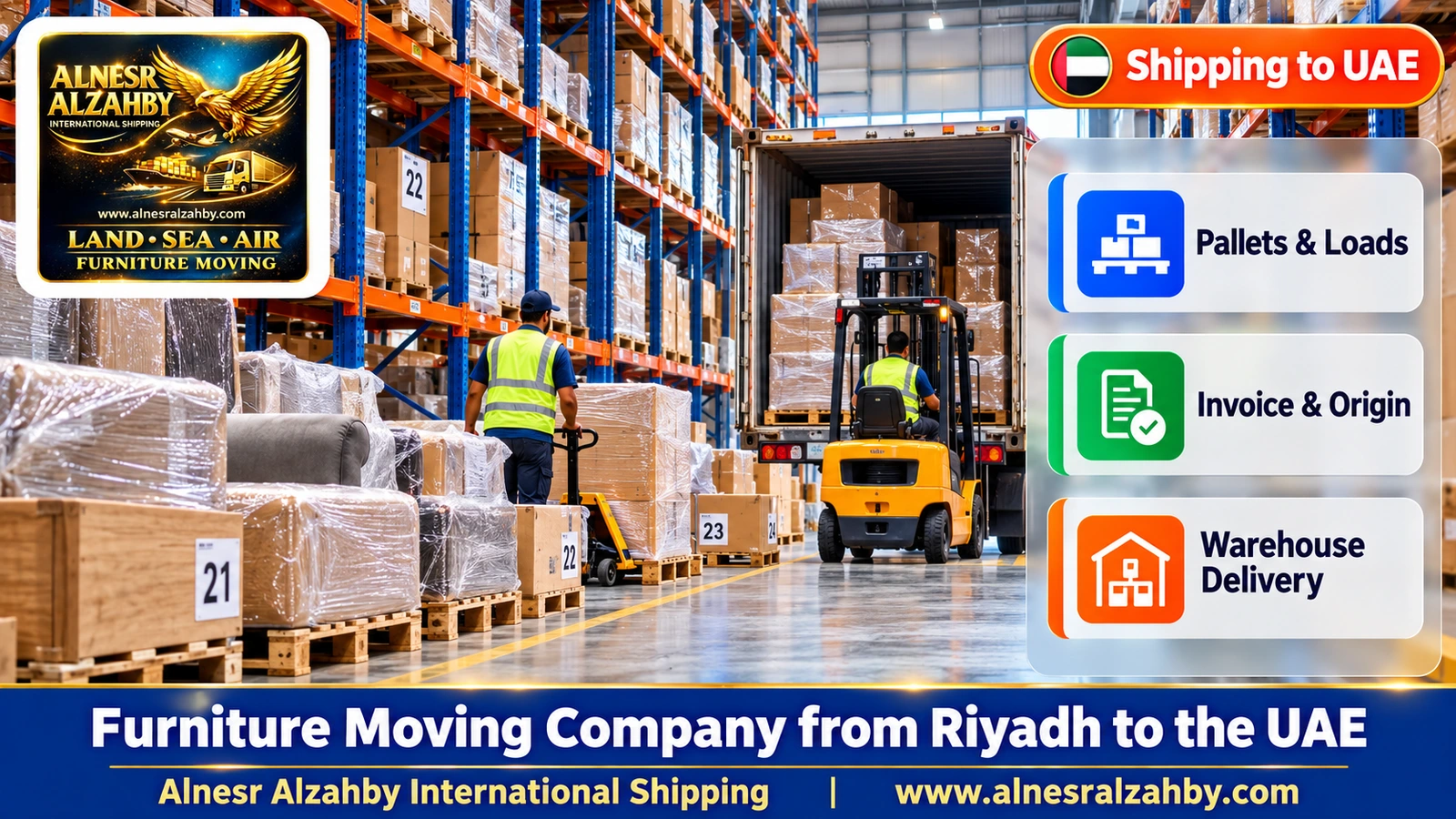 An organised consolidation warehouse with tall racks and numbered pallets