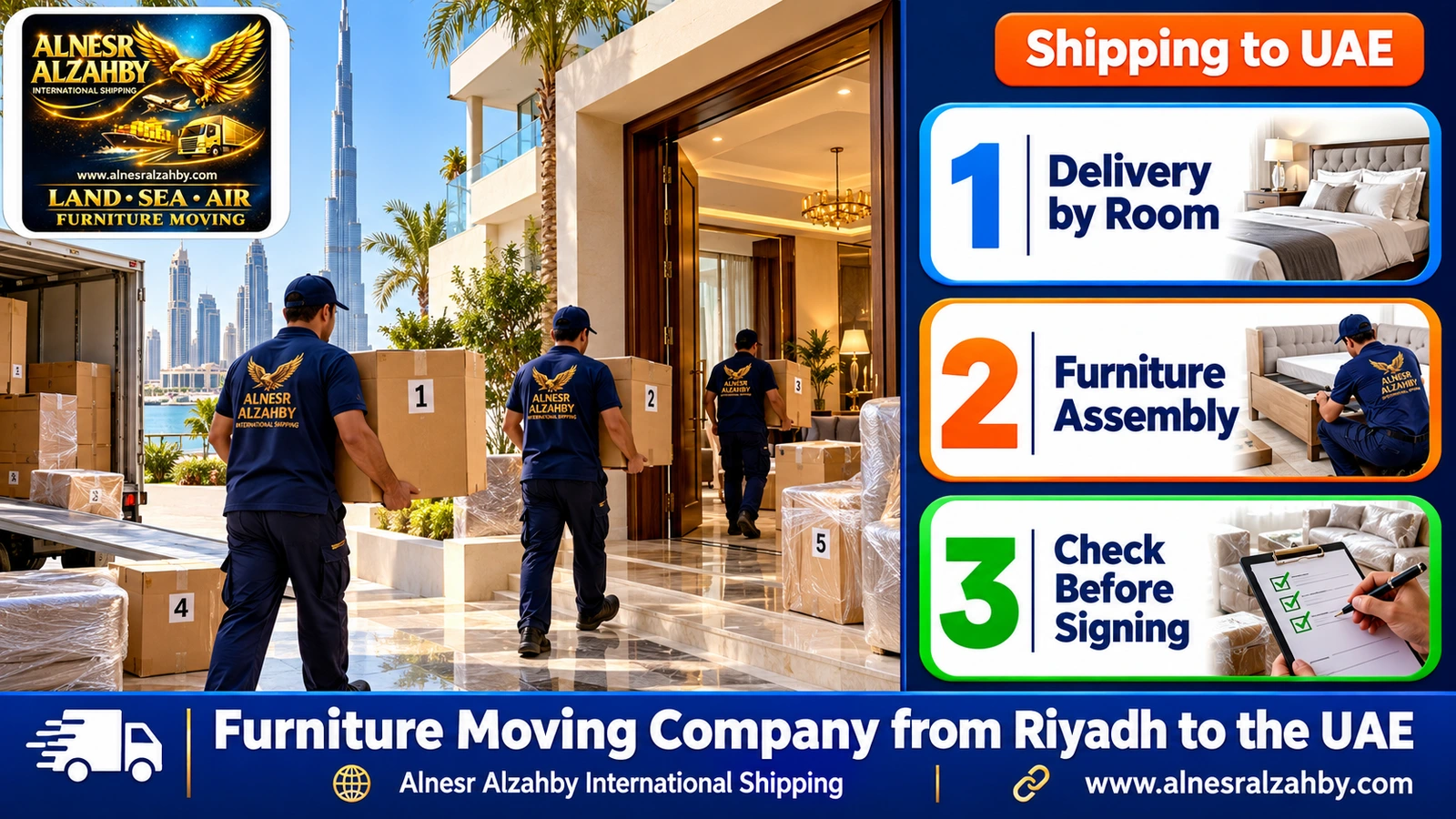 A team bringing numbered boxes into a modern villa in Dubai