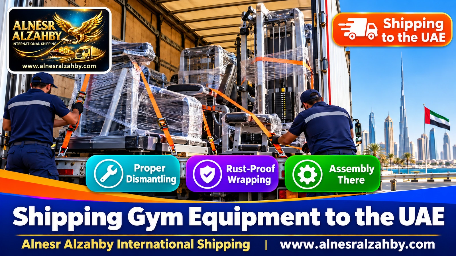 Wrapped gym equipment secured with straps inside a moving truck