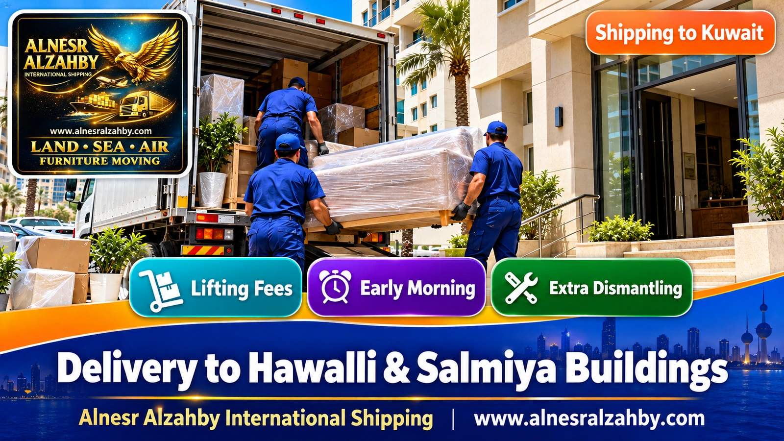 Unloading furniture from a truck in front of a building in Salmiya in the morning