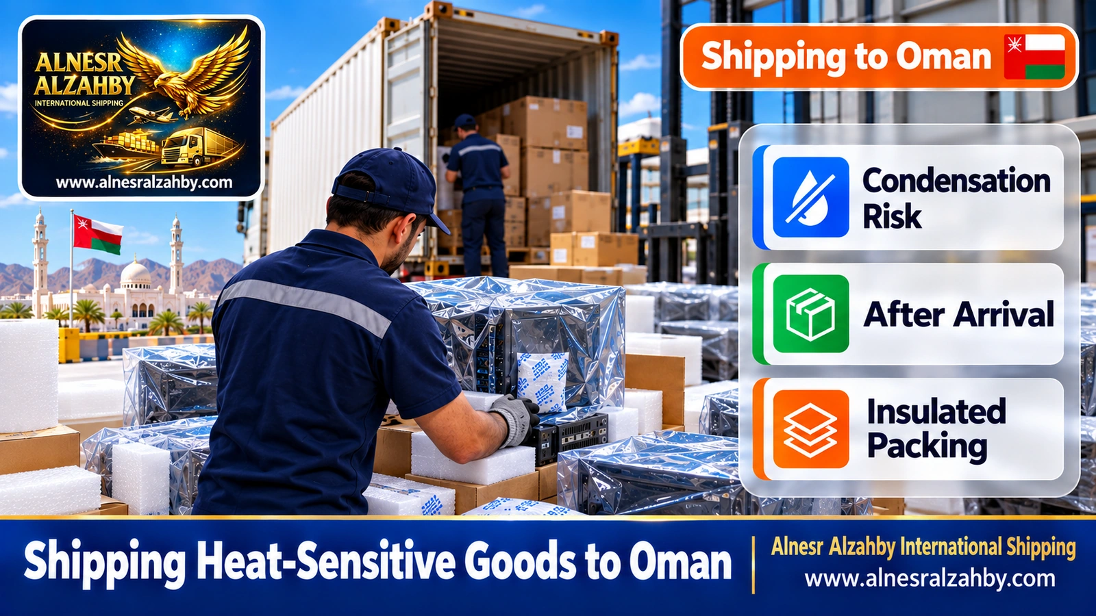 Wrapping electronics with moisture absorbers and insulating layers before shipping to Oman