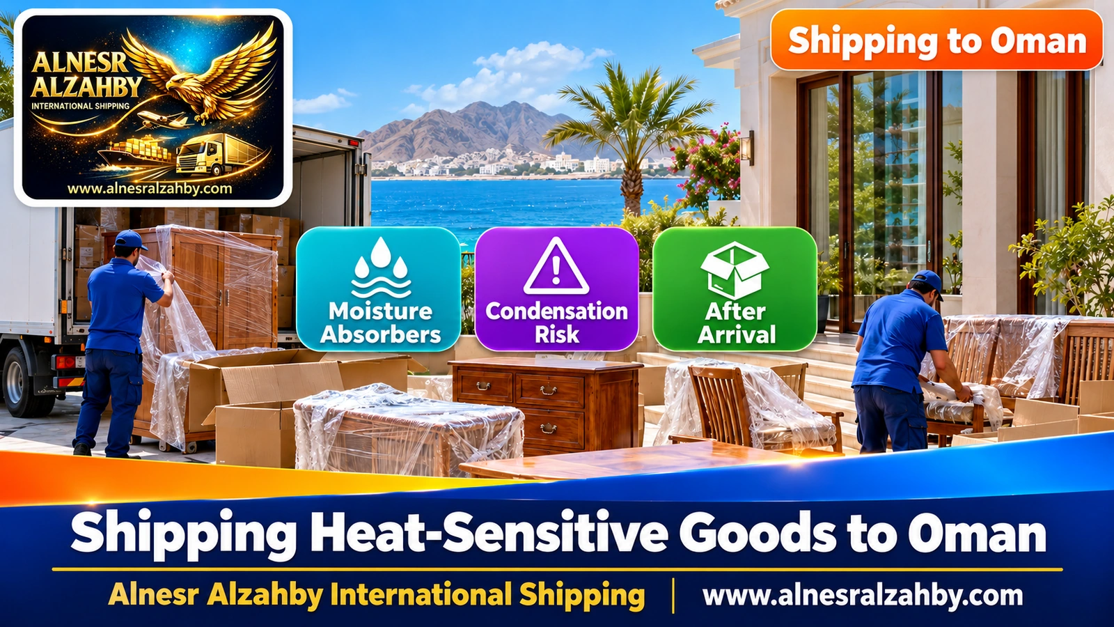 Opening boxes and airing wooden furniture after arrival at a coastal home in Muscat
