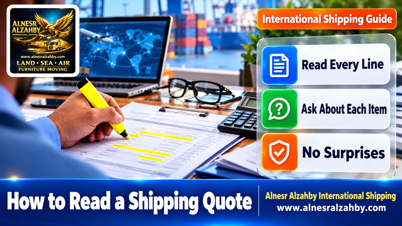 A hand reviewing a printed shipping quote and highlighting its items