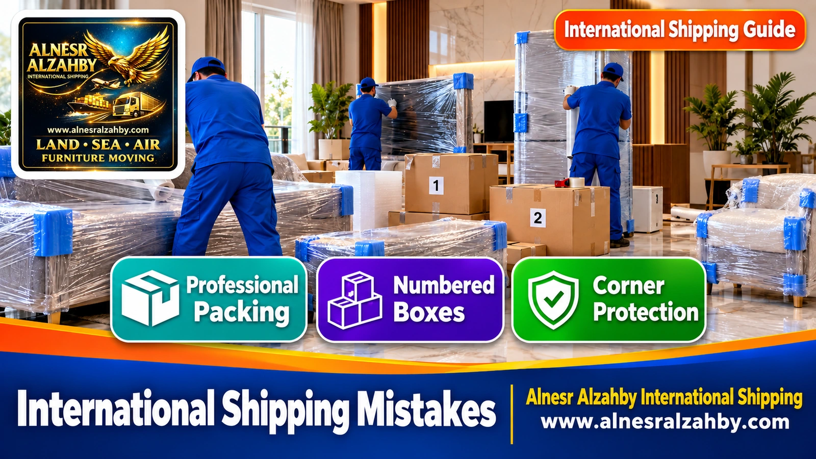A packing crew in blue uniforms wrapping furniture and appliances with foam, film and corner guards