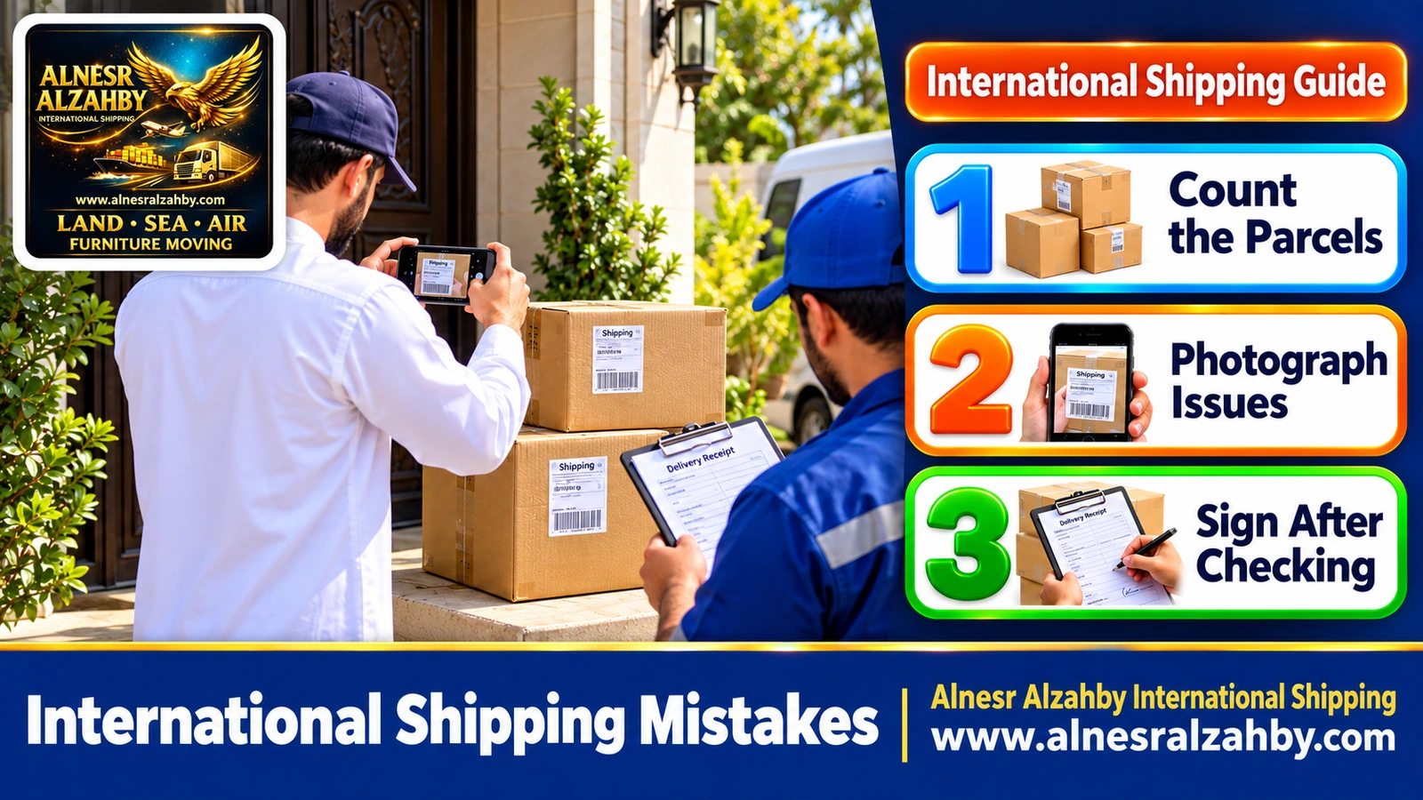 At a front door: a man photographs a box with his phone and counts parcels while the driver holds the receipt