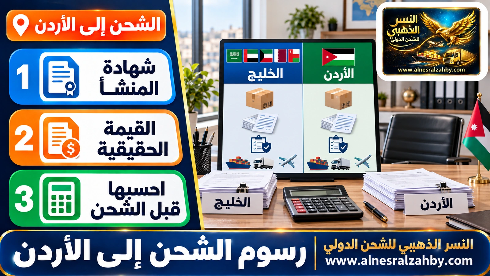 مقارنة بصرية بين الشحن إلى دول الخليج والشحن إلى الأردن من حيث الرسوم
